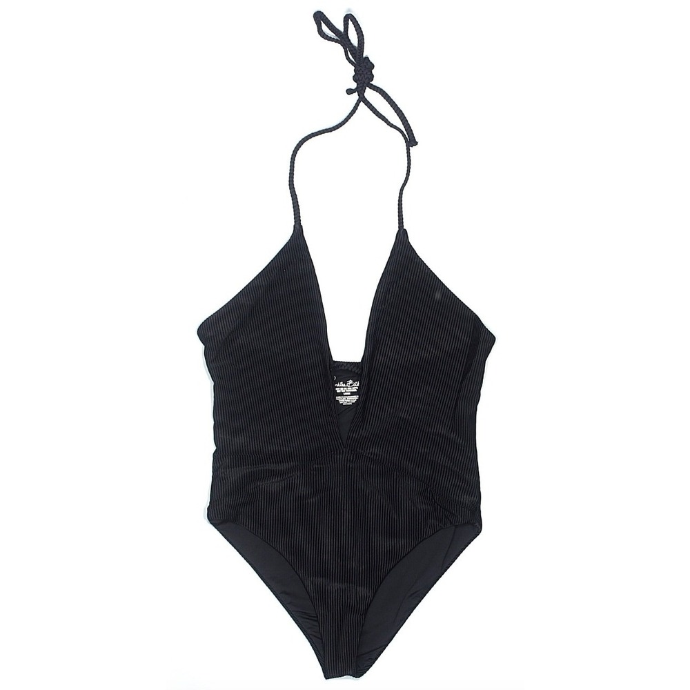 Frankies Bikinis Black Ribbed Plunge‎ Halter One Piece Swimsuit Large